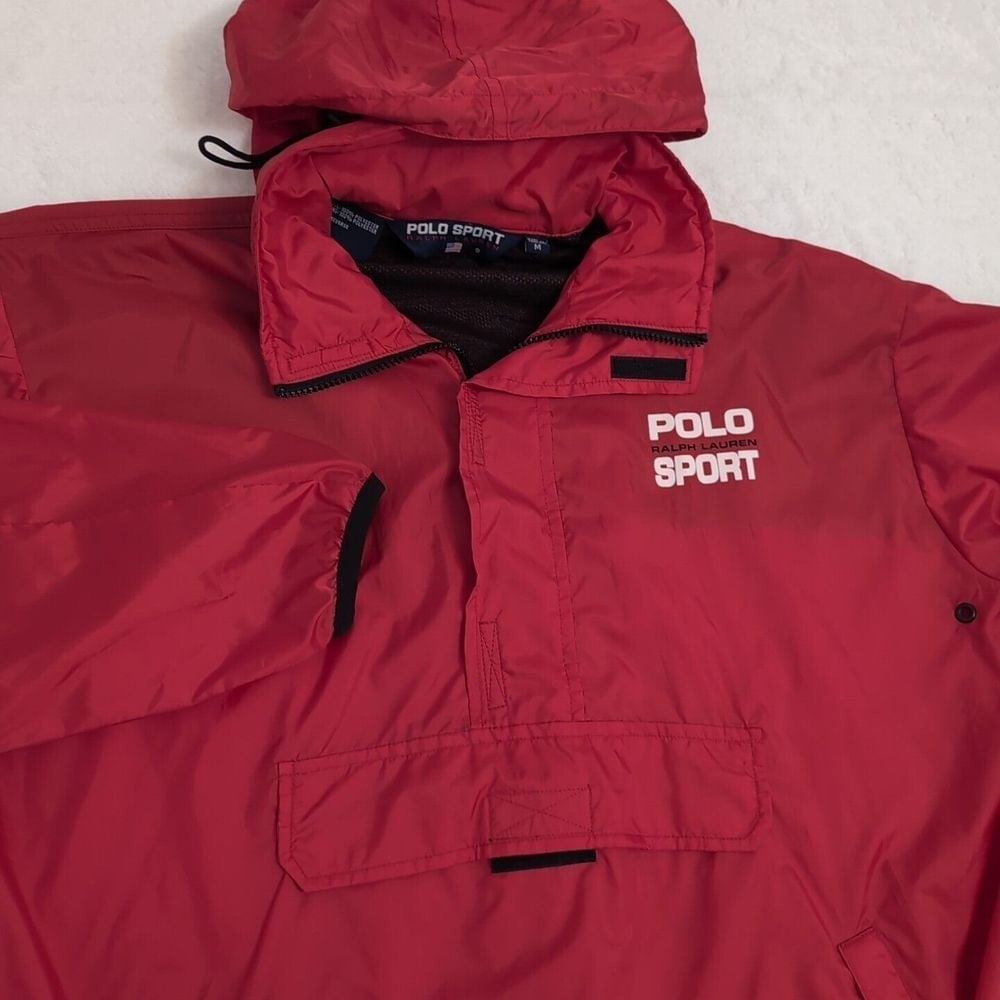 RALPH LAUREN POLO SPORT Windbreaker Red SPELL OUT Medium Hooded Rain Coat