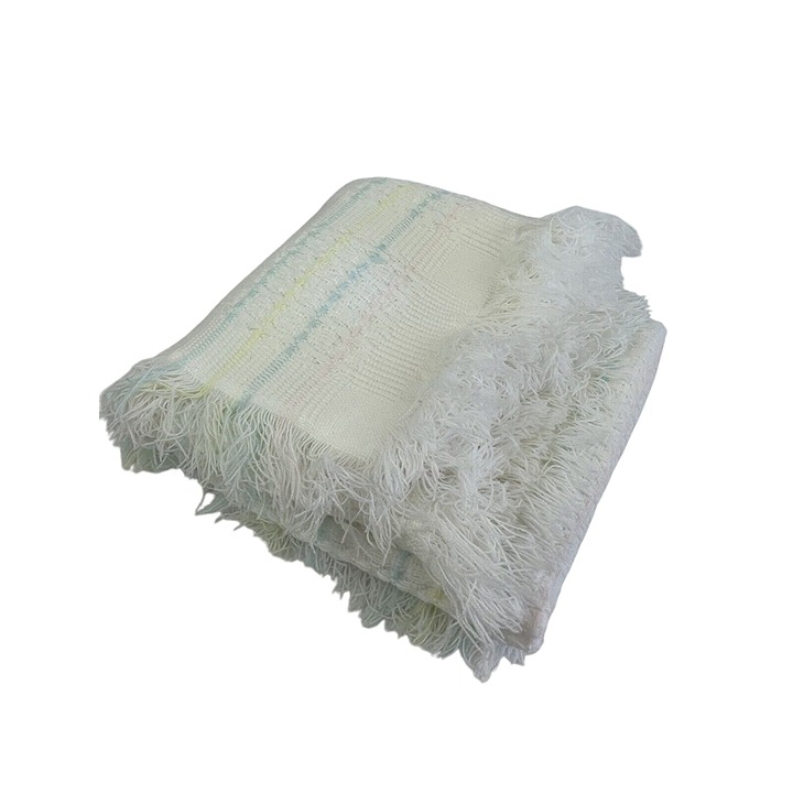 Vintage Bright Eyes Japan Acrylic Baby Blanket White Pastel Plaid Stripe 35x35in