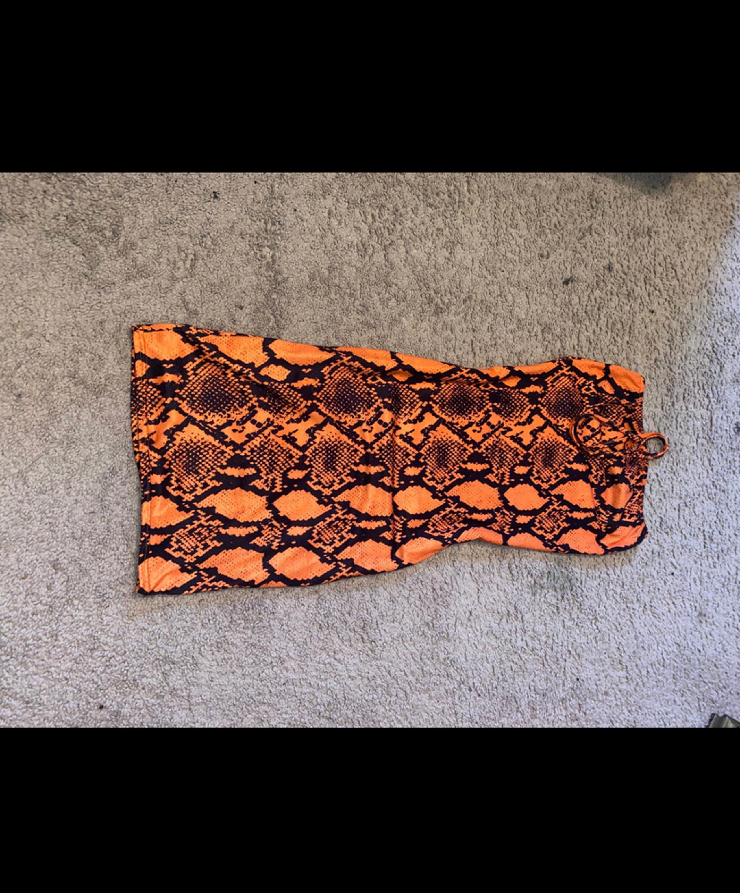 ORANGE STRETCHY REPTILE ANIMAL PRINT STRAPLESS HALTER TIE BODYCON DRESS S/M