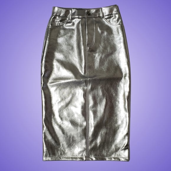 7 FOR ALL MANKIND Metallic Midi Skirt with Back Slit Small Silver NWT