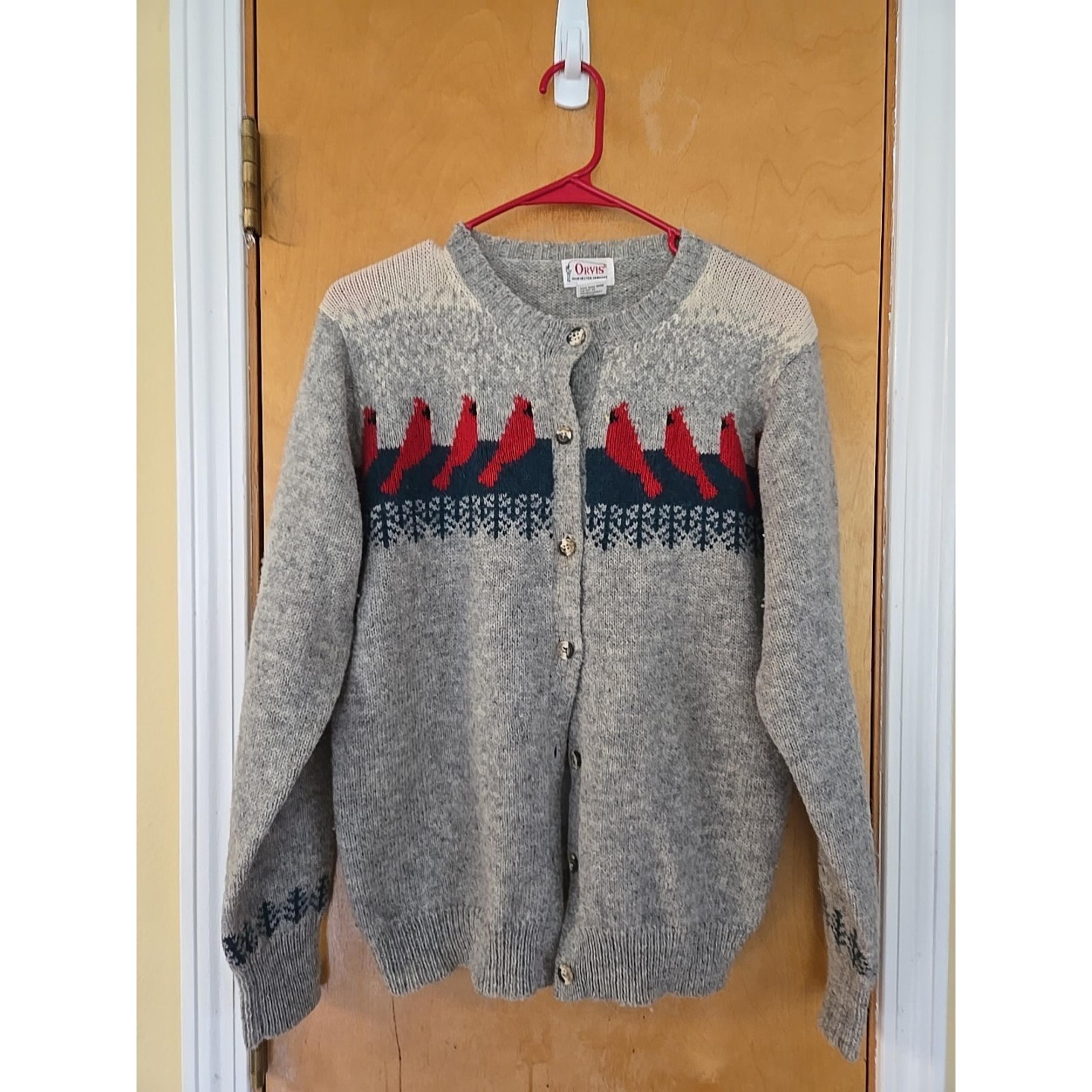 Vintage Orvis Hand Knit Cardinal Bird Christmas Cardigan Sweater Size 42