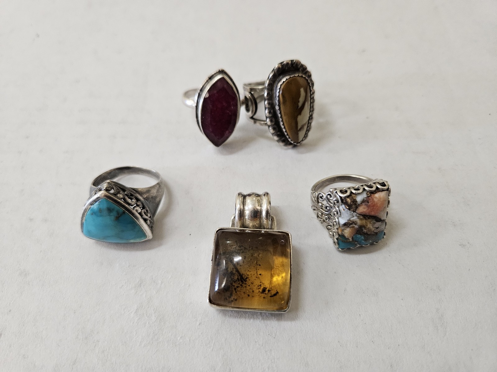 Lot of vintage Sterling Silver 925 Rings and Pendant with Stones 52 Grams