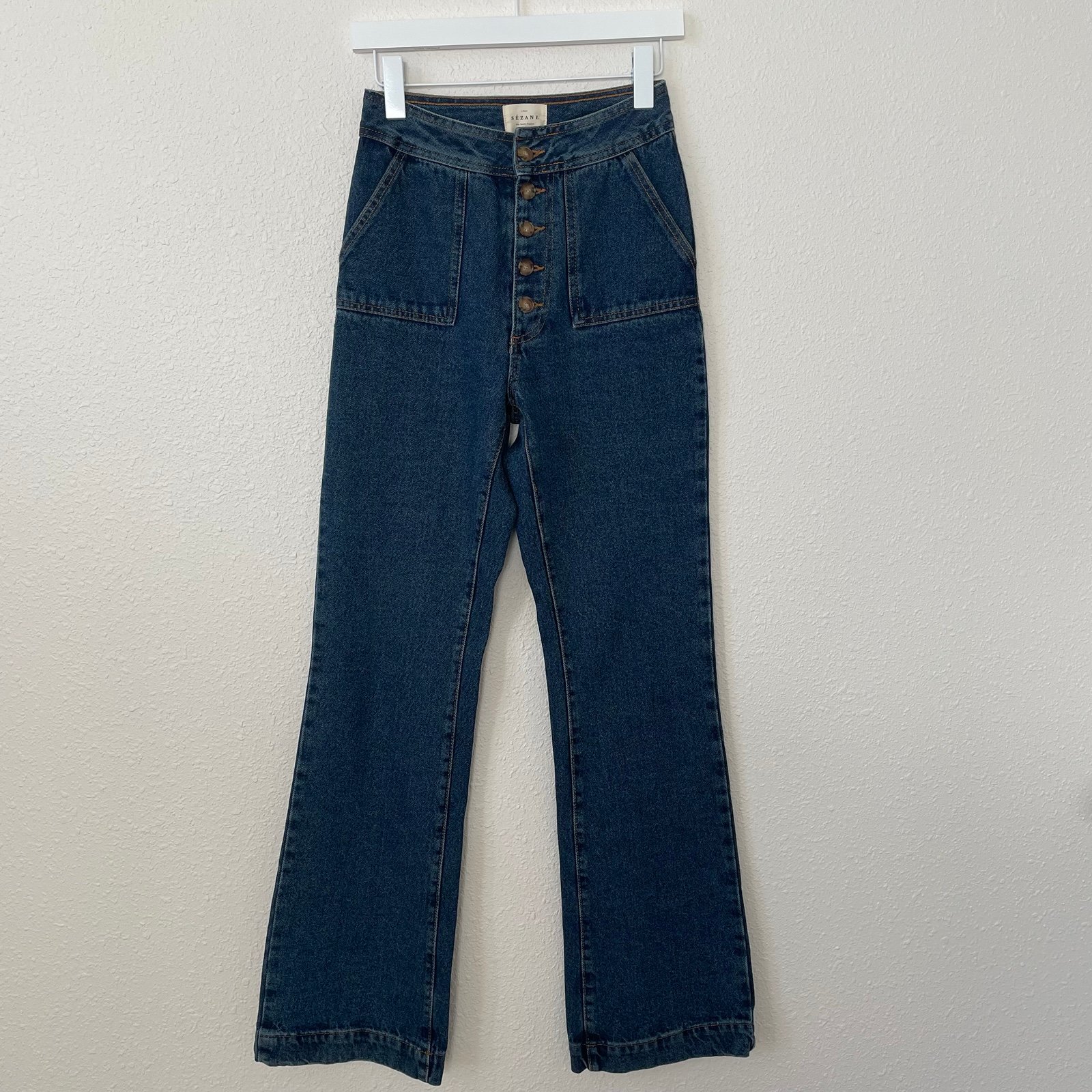 Sezane Tommy Trousers Size 36 US 25 Cotton Flare Bohemian Dark Wash Patch Pocket