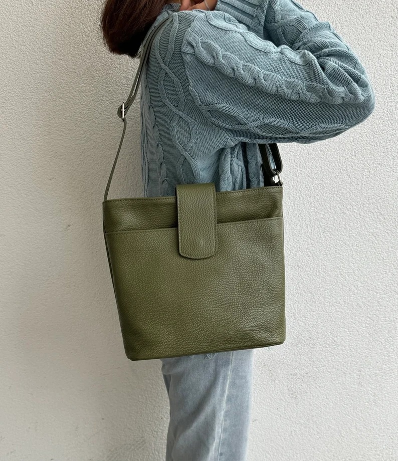 Olive Green Italian Leather Crossbody Bag with Adjustable Straps Handmade Leathe