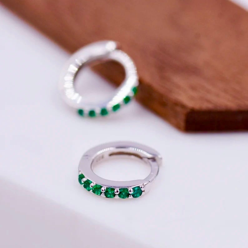 14K White Gold Emerald Pave Huggie Hoop Earrings, NWT