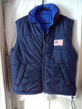 Vest, KAD Clothing Co. Navy Blue/ Blue Reversible Puffer, USA Flag Patch