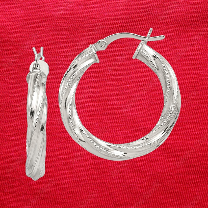 Sterling Silver Rhod-plated Patterned Twisted 4x25mm Hoop Earrings