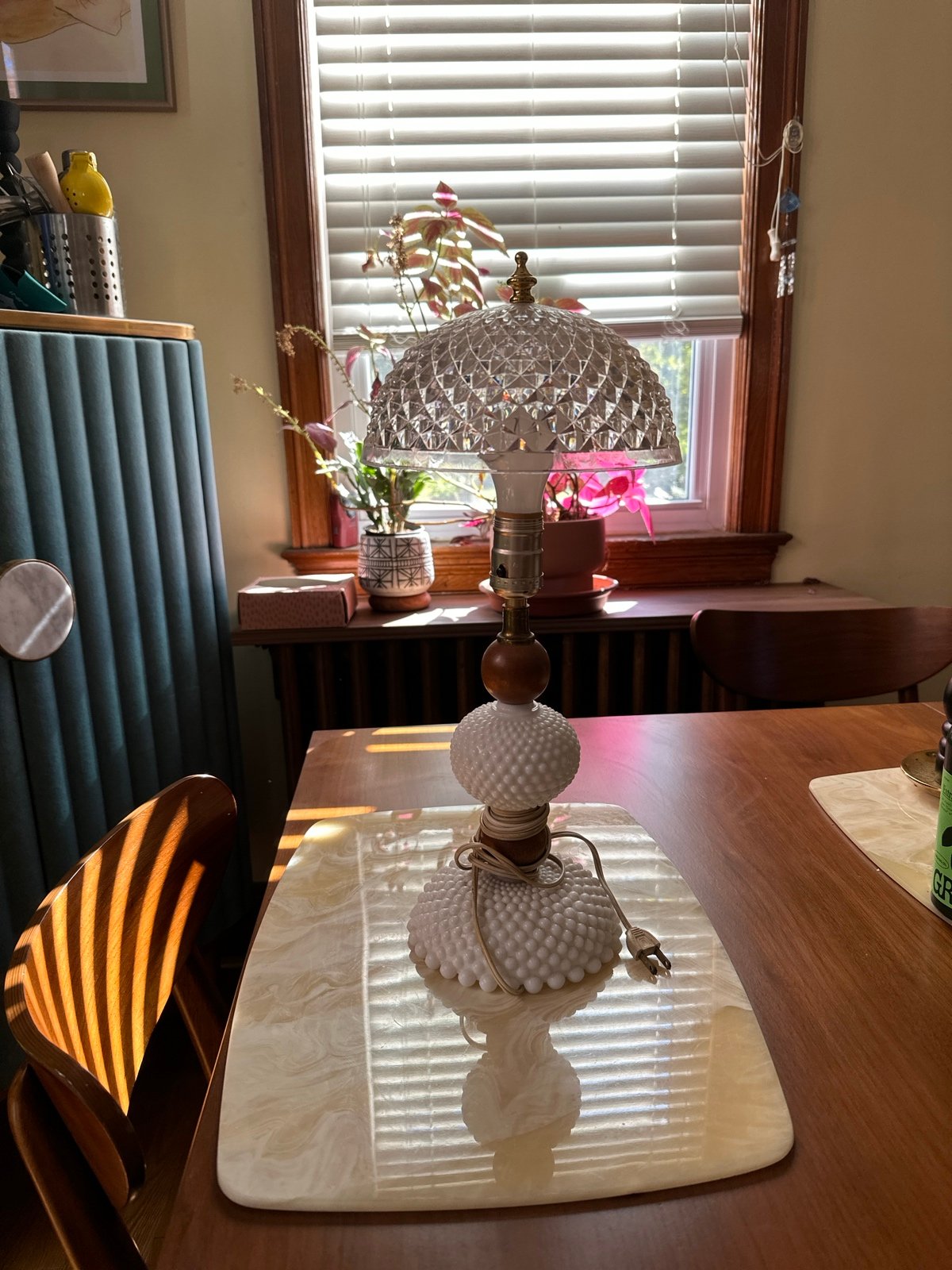 Milk glass brass wood lamp