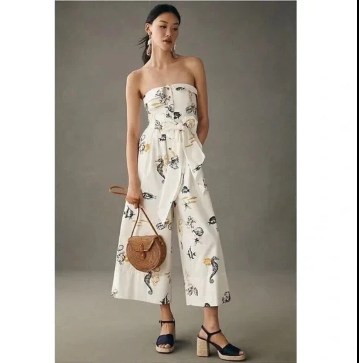 Anthropologie Maeve Sea Creatures Strapless Button-down Wide-Leg Jumpsuit 2 Tall