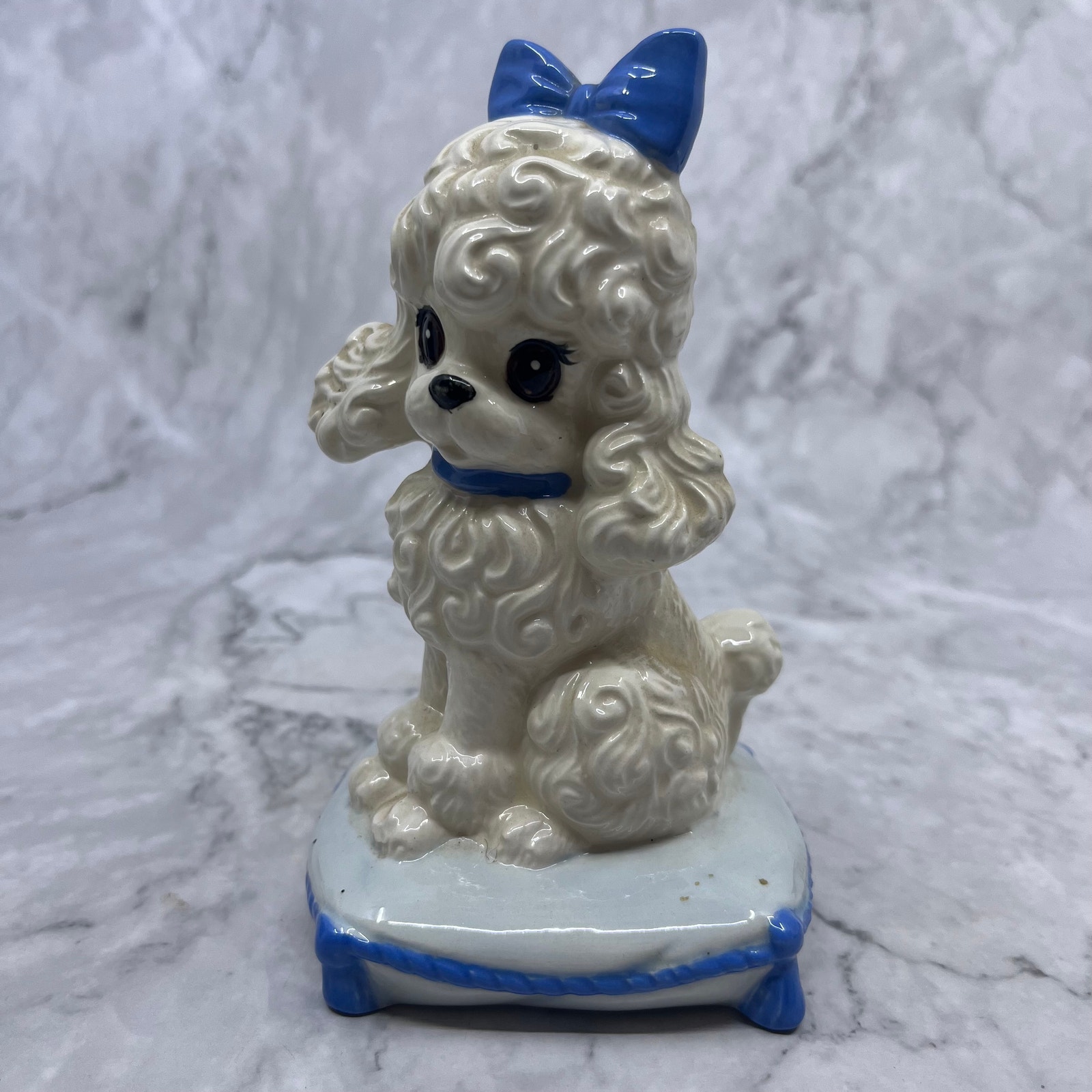 Vintage MCM White Poodle on Pillow Lusterware Figurine Ceramic 5.5 TI8