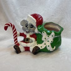 Vintage Christmas Santa Claus Mouse with Candy Cane and Toy Sack Planter w/bows