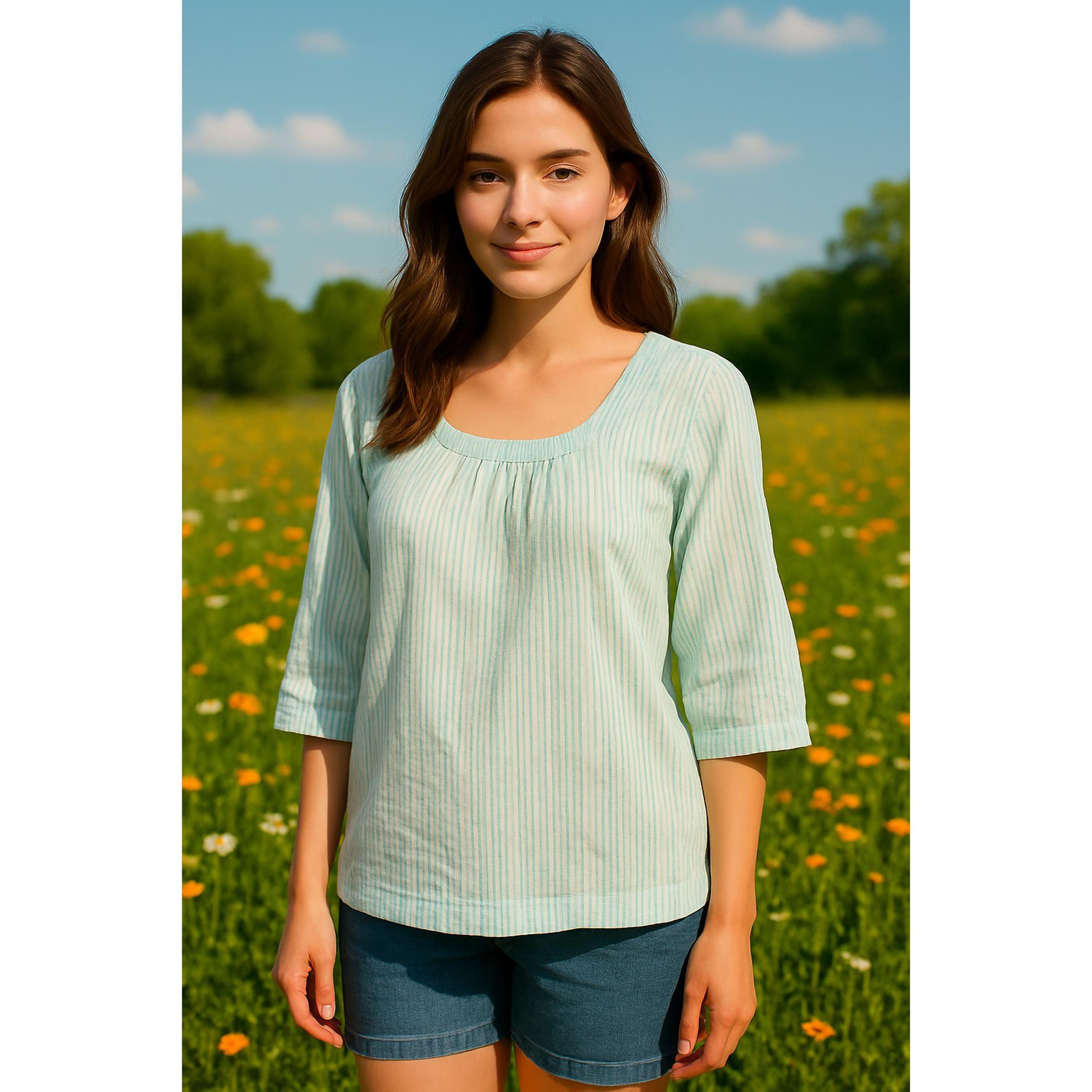 Columbia Square Neck 3/4 Sleeve Women's Top Seersucker Tunic Boho Green Size 2X