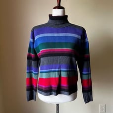 Vintage 90s Y2K Rainbow Striped Turtleneck Sweater Top Ribbed Knit 100% Cotton M