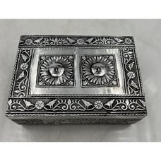 VTG Embossed Trinket Jewelery Box Silver Tone Rectangular Sun Face Birds