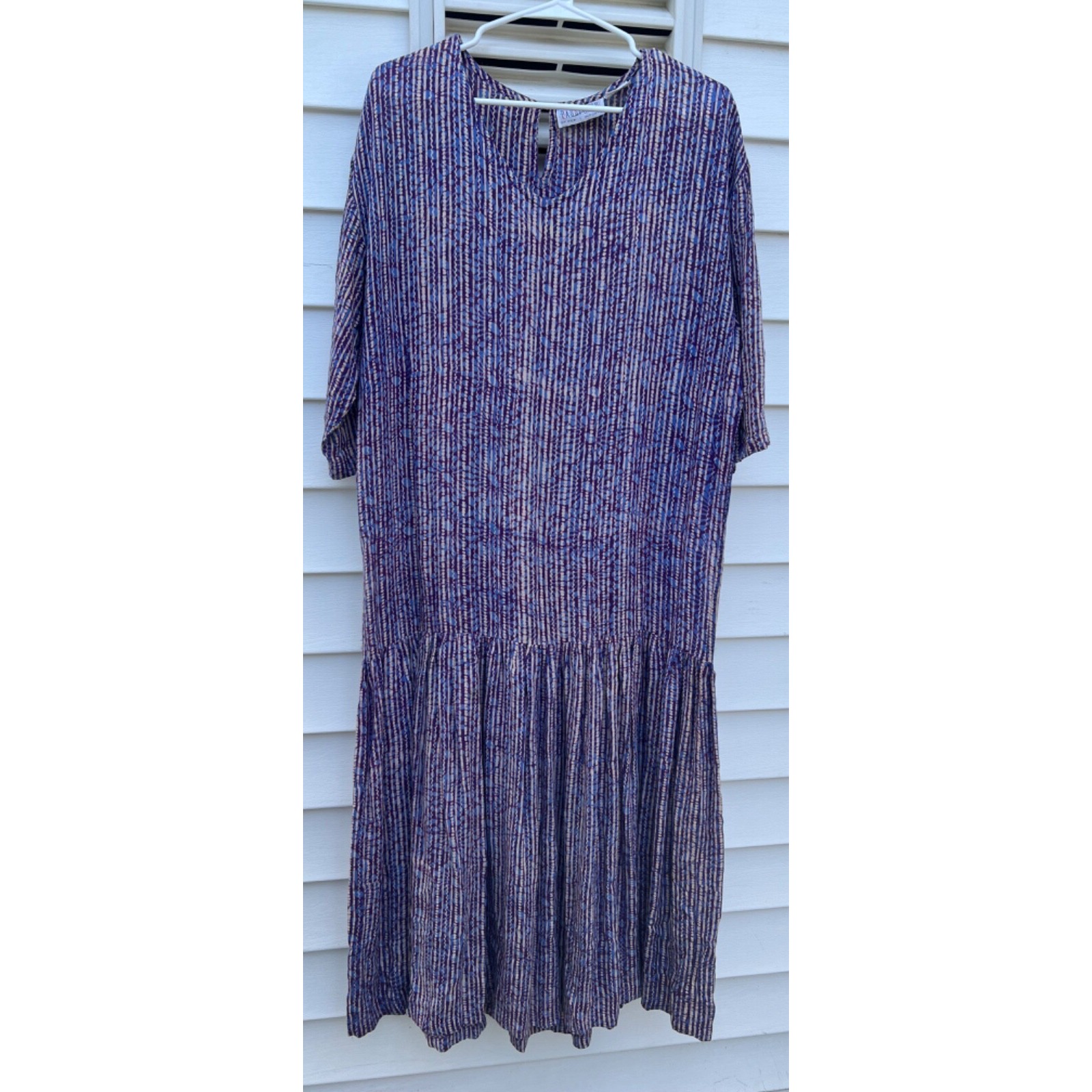 Vintage Passports Pier 1 Long Dress Purple Rayon Batik Drop Waist Boho Size L