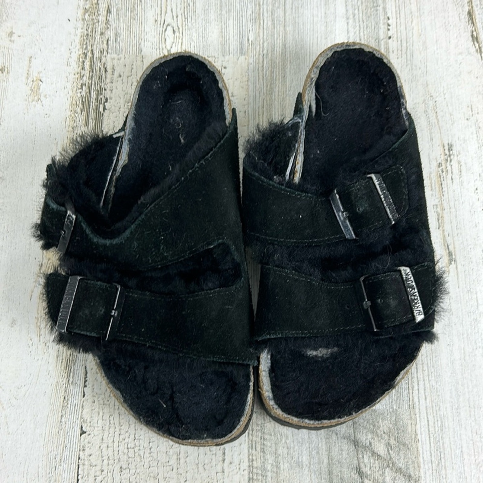 Birkenstock womens 61/2 shearling sandals black leather fur lined