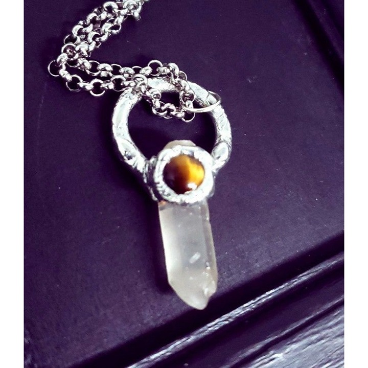 Quartz and tiger eye crystal Necklace handmade