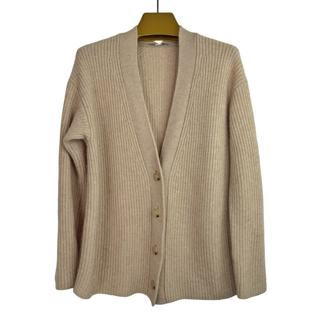 VINCE Women's Designer Luxury Cream/Tan Wool/Cashmere Ribbed Cardigan Sweater S