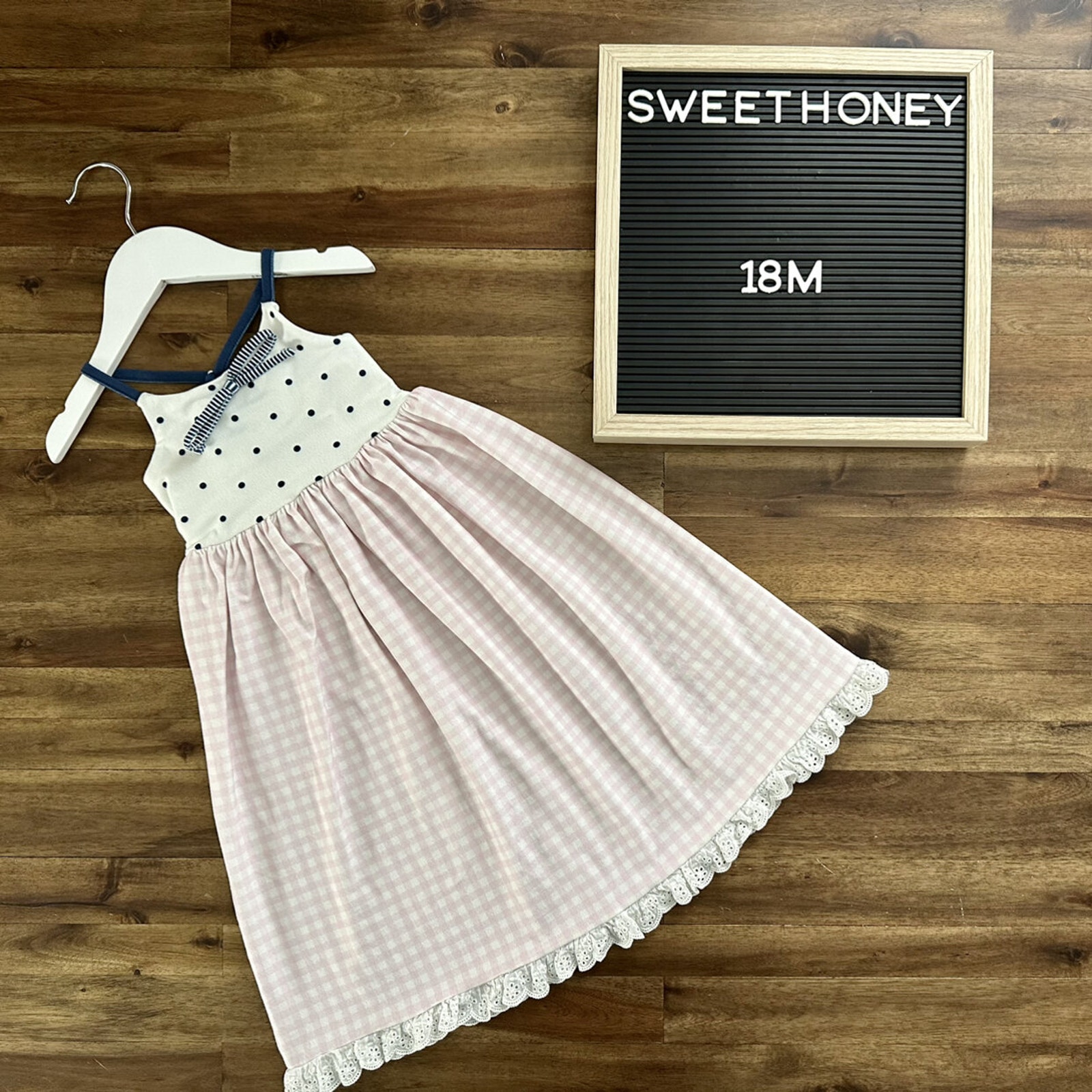 SweetHoney Dreamer Long Pajama Gown Pink Navy Dot Gingham Sleeveless Lounge 18M