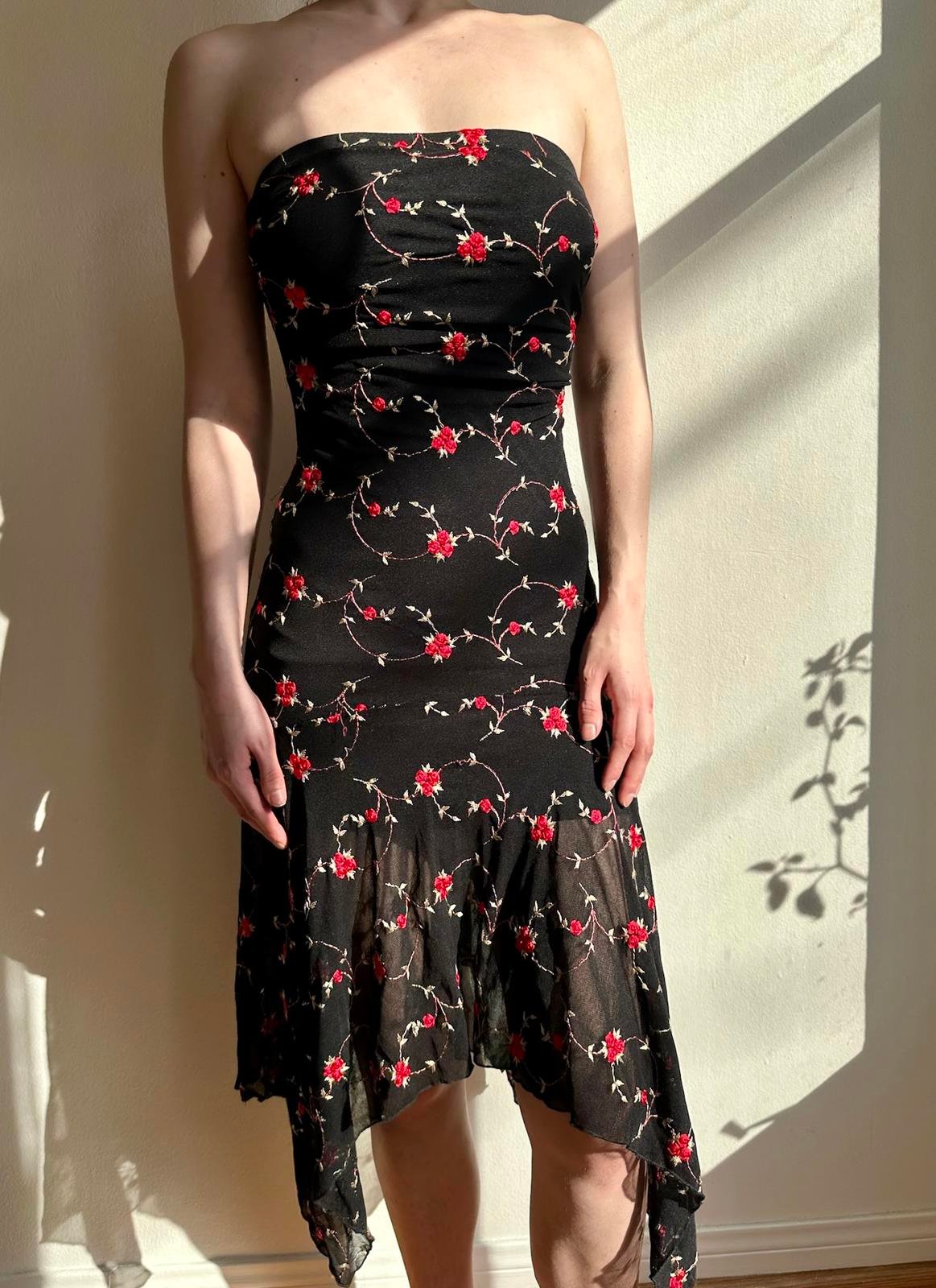Vintage Forever 21 Strapless Black Floral Maxi Dress