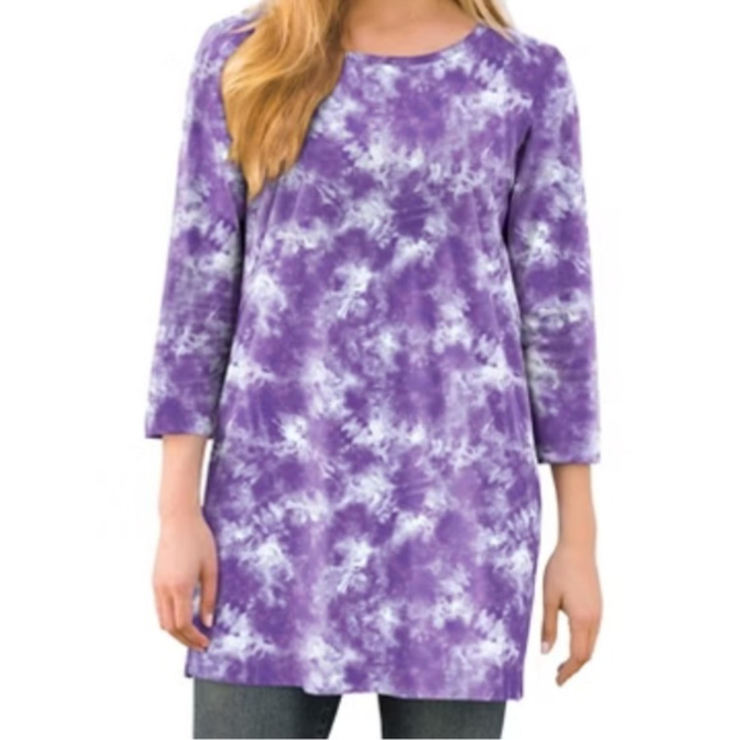 Woman Within Womens Long Sleeve Purple Tie Dye V-Neck Tee Shirt Plus Size 22/24