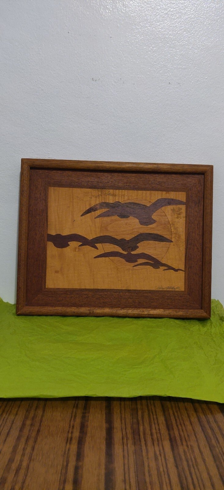 Real natural wood plaque board seagull sun artist signed collectible wall hangin
