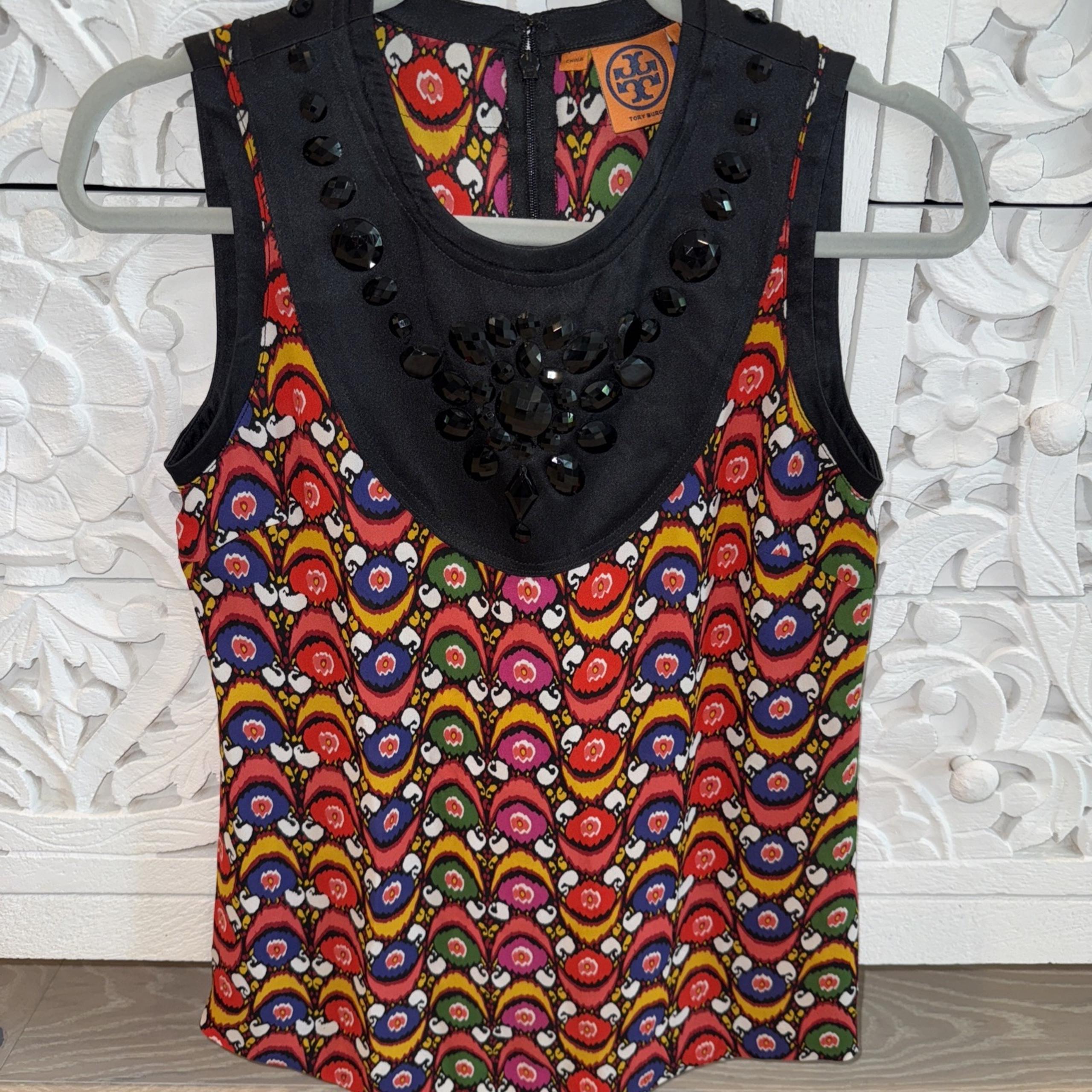 Tory Burch Women's Multi-Color Print Beaded Top Size 2 Sleeveless Zip 100% Silk