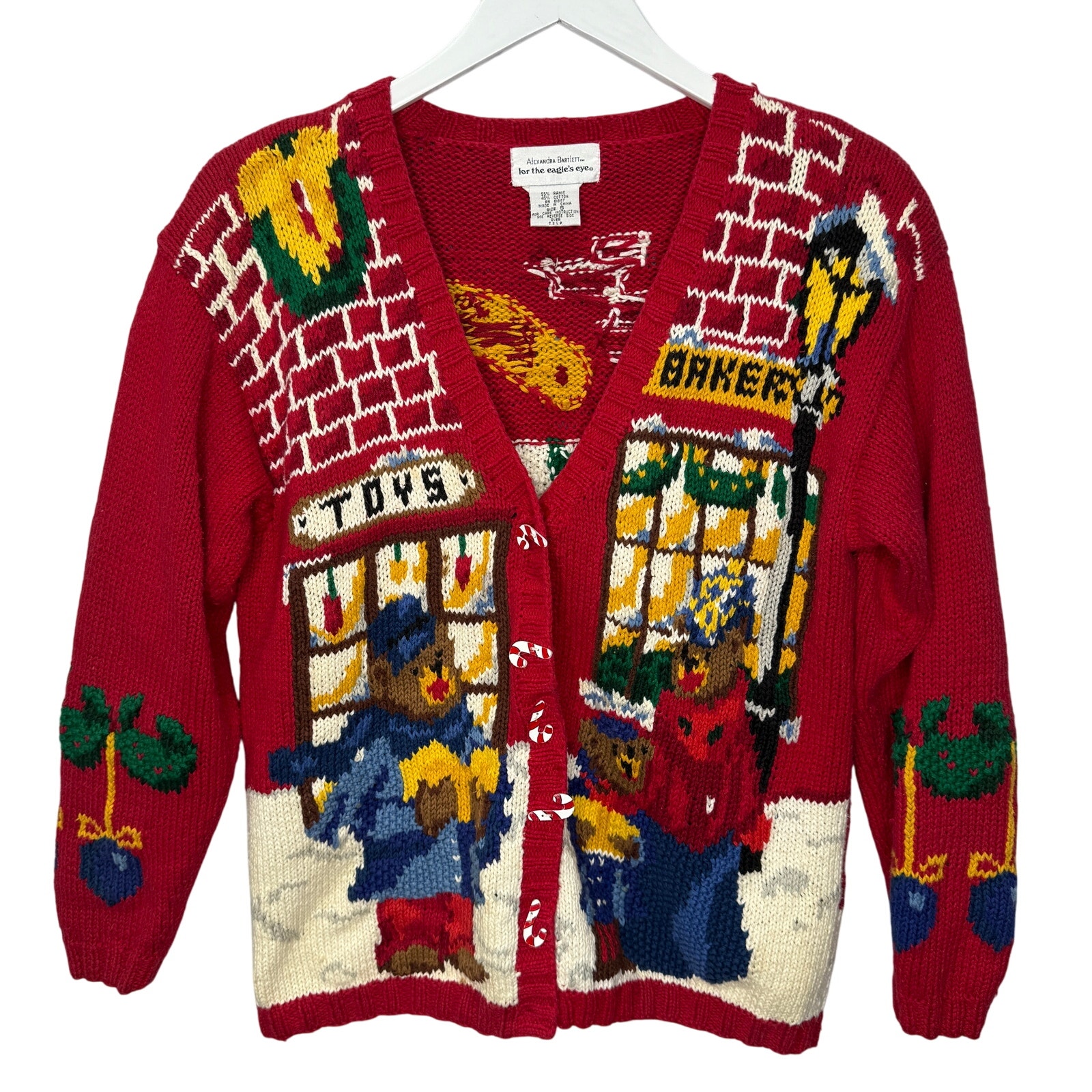 Vintage Alexandra Bartlett Christmas Bear Cardigan Sweater Red Size S Winter