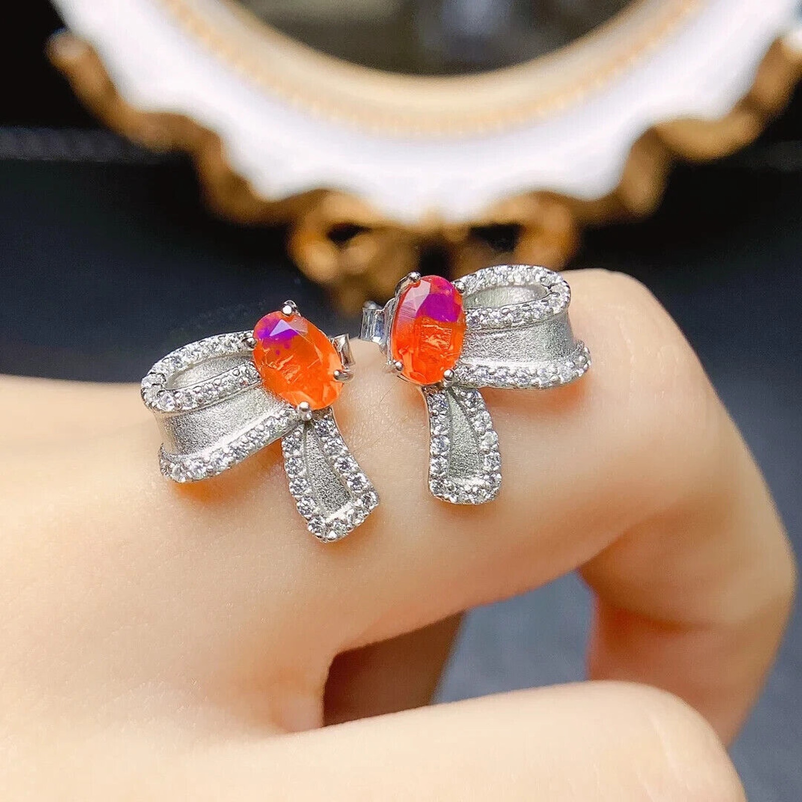 Orange Fire Opal Bow Tie Earrings, Natural Orange Opal Stud Earrings 4x6mm