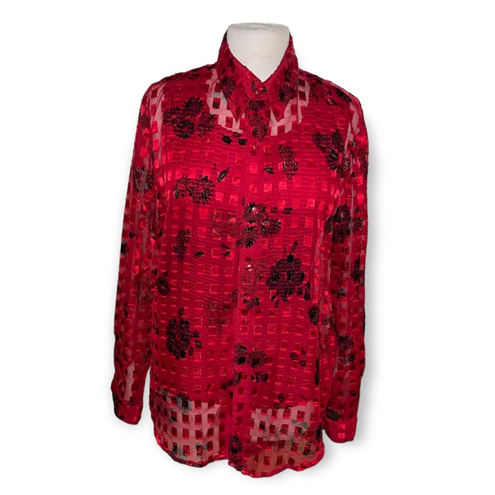 Notations Floral Quadrant Red Long Sleeve Button- Up Blouse For Women Size L