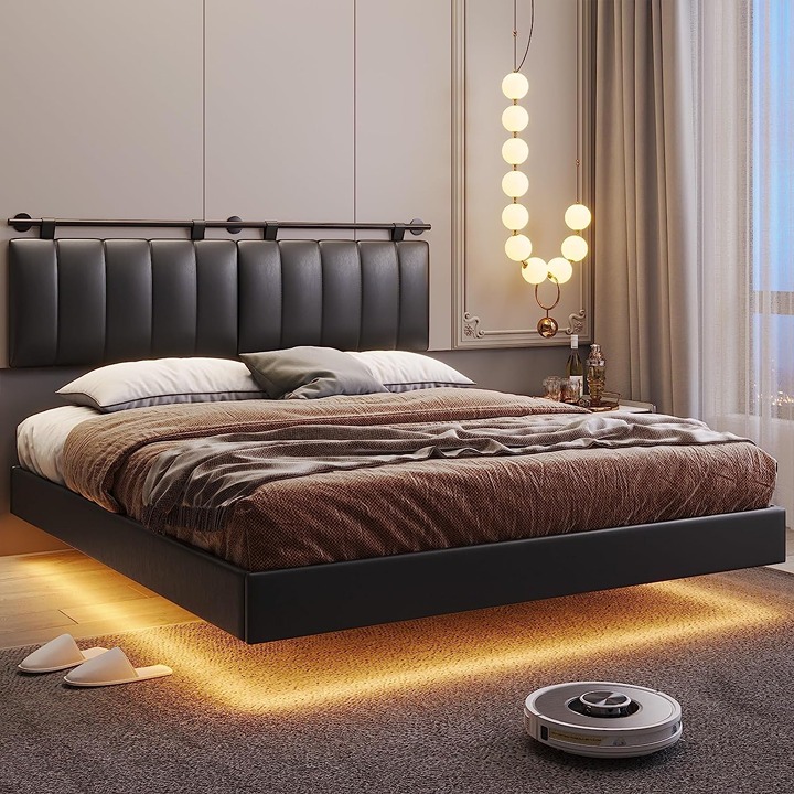 Queen Floating Bed Frame with LED Lights and Wall Mounted Headboard