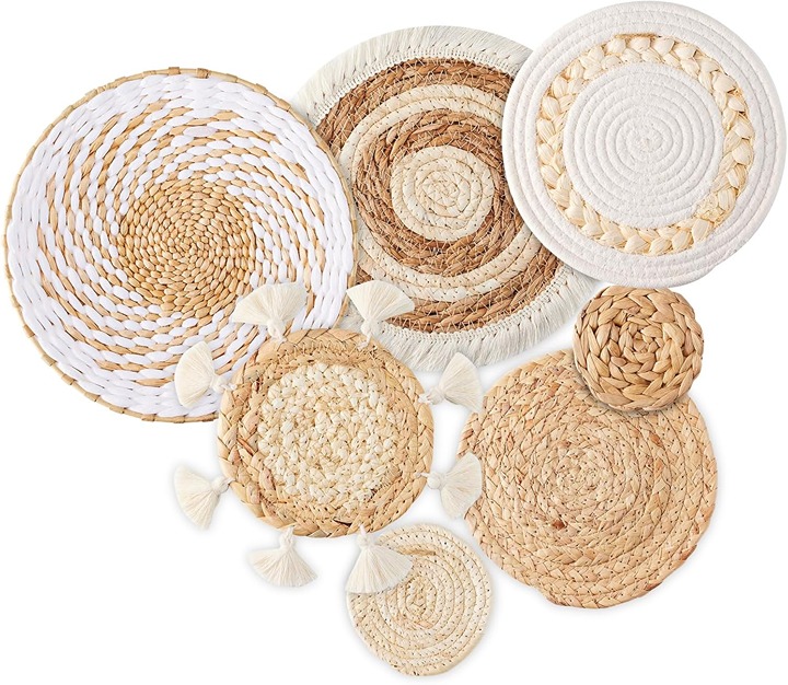 Boho Wall Basket Decor - Seagrass Rattan Wicker Wall Decor 7 Pack