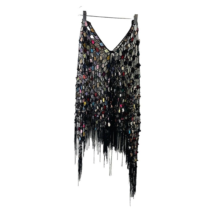 VTG Y2K Handmade Crochet Knit Floral Fringe Poncho Cape Streetwera Womens OS