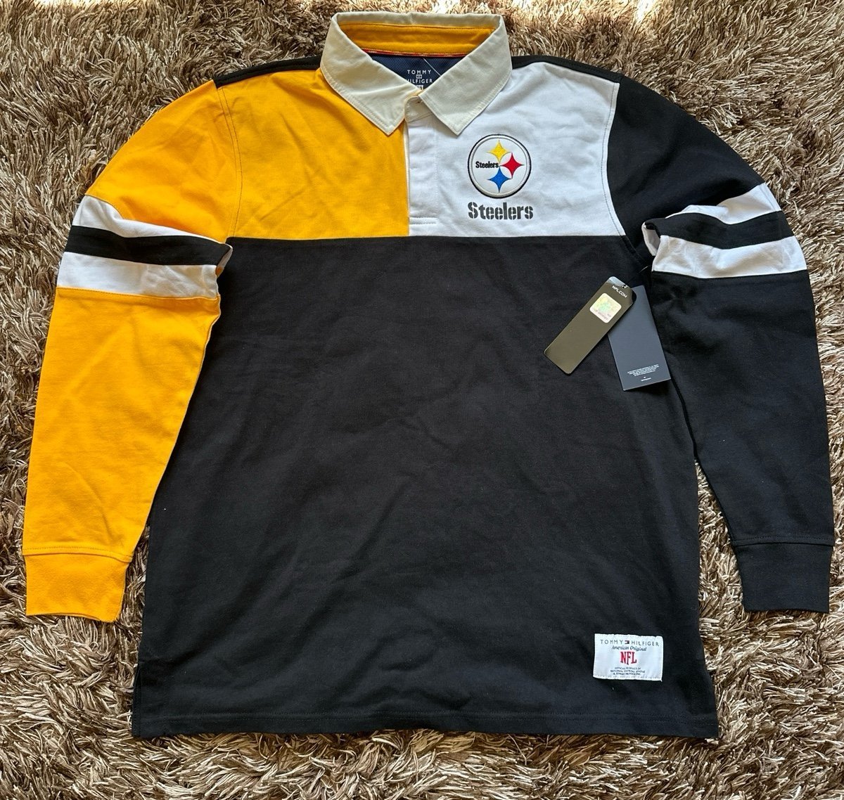 Men's Pittsburgh Steelers Tommy Hilfiger Black Cory Varsity Rugby Long Sleeve