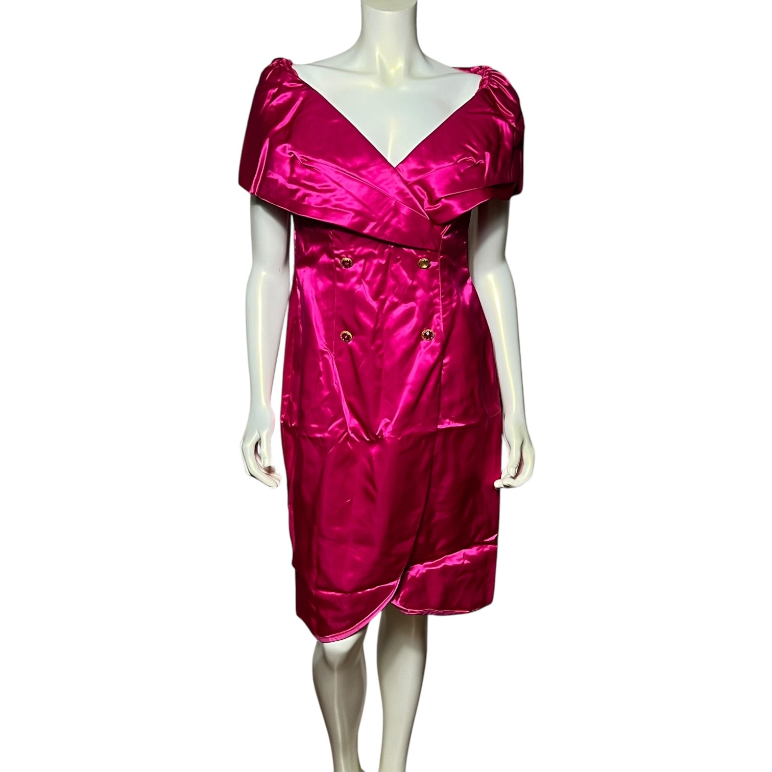 Vintage Tadashi Hot Pink Satin Cocktail Dress Off-Shoulder Gold Buttons Size 10