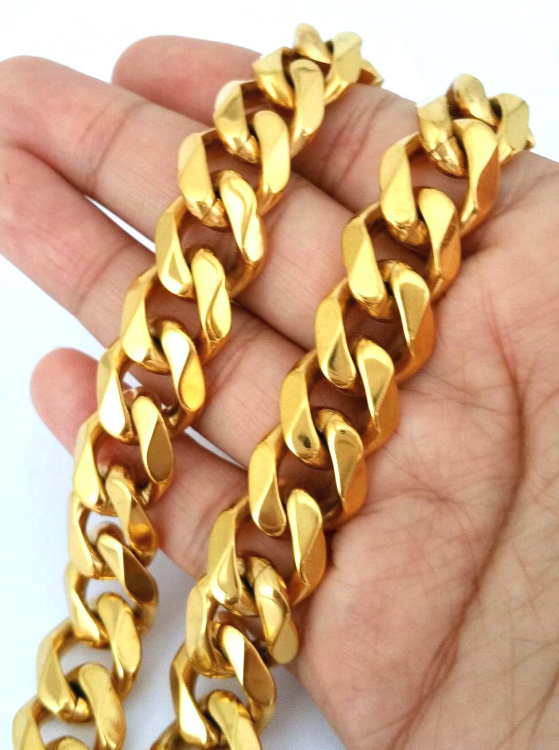 SOLID HIP HOP CELEBRITY STYLE STAINLESS STEEL MIAMI CUBAN LINK CHAIN & BRACELET