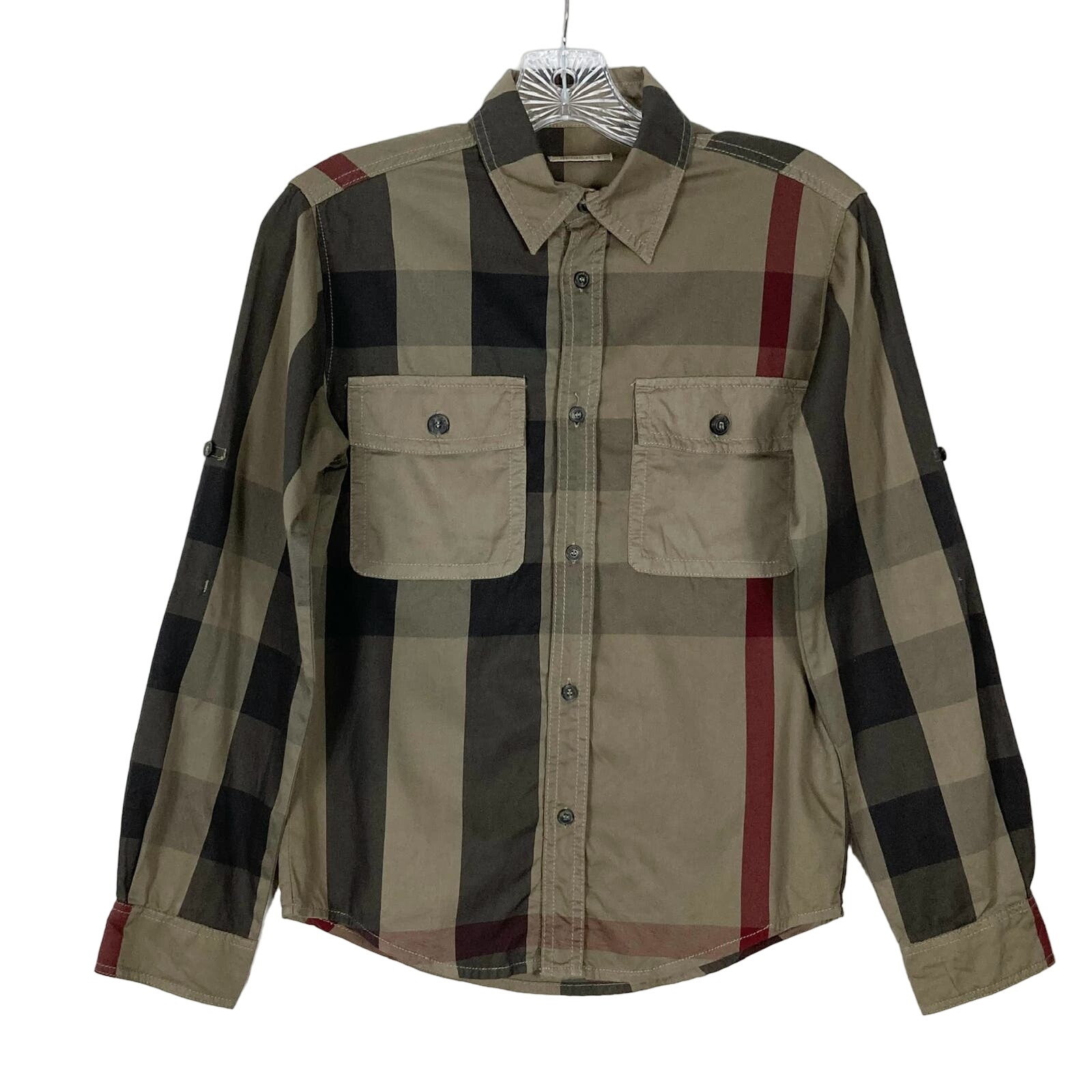 NWOT BURBERRY Shirt Teens ~L Pit 18” Novacheck Plaid Pockets Roll Tab Cotton
