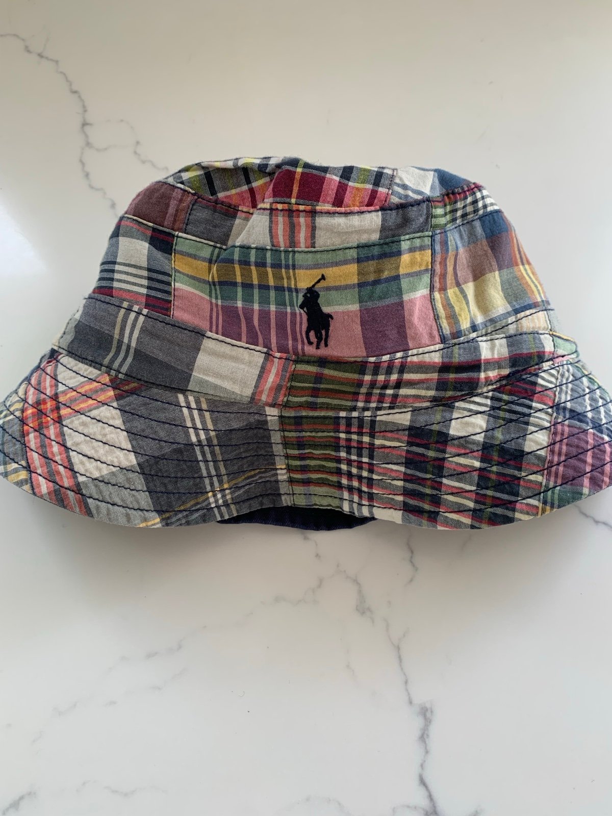 Polo Ralph Lauren Large Reversible Bucket Hat Navy Blue Plaid Patchwork 
*Flaw -