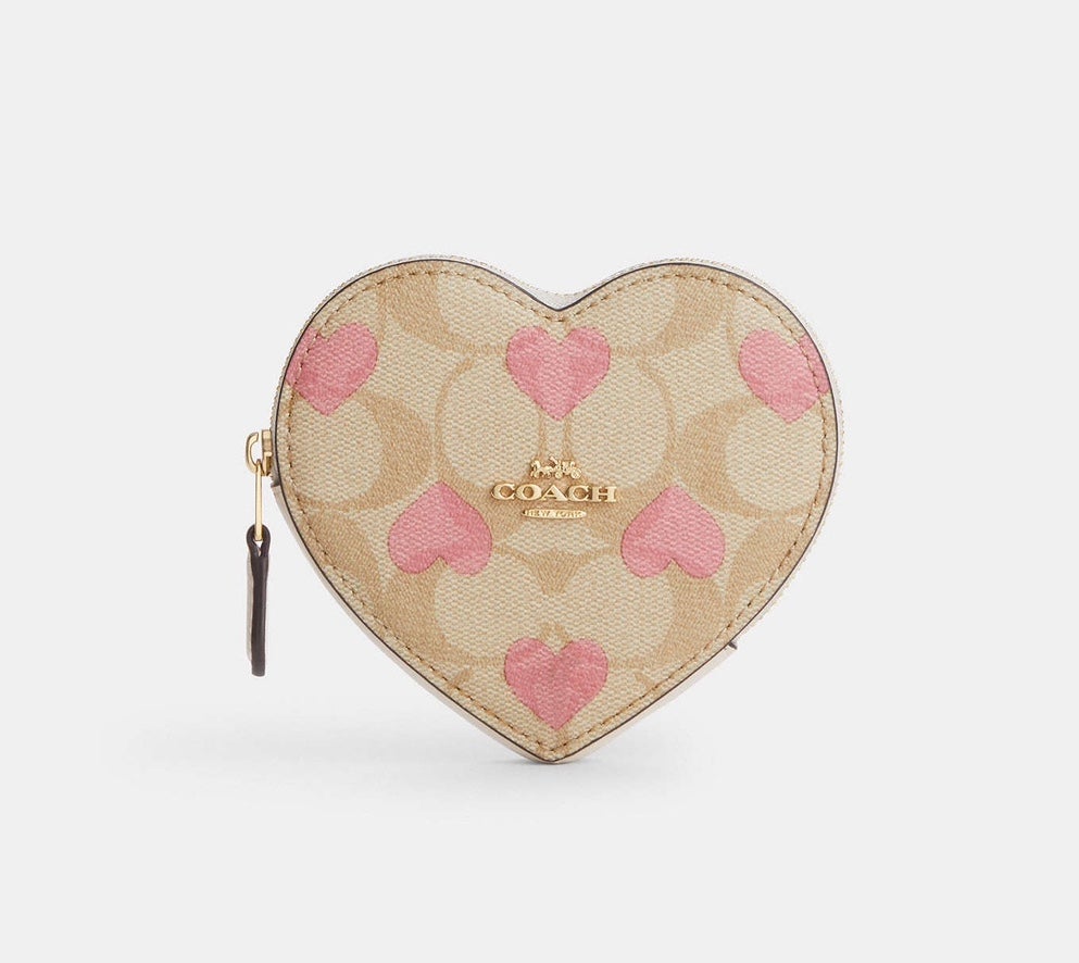 Coach Heart Coin Case In Signature Canvas With Heart Print