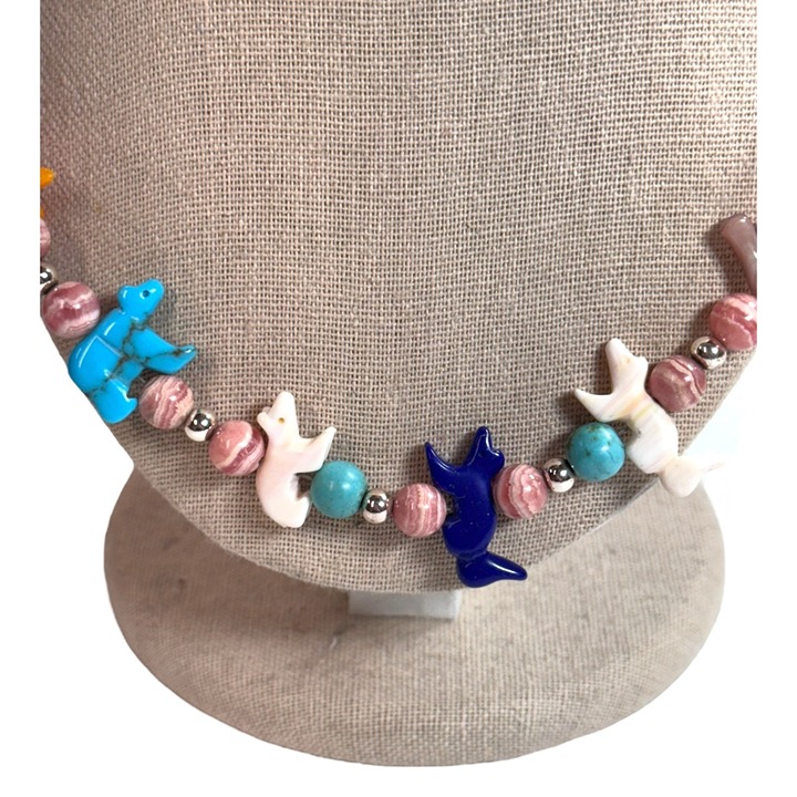 Vtg Zuni Pink Agate Beads Sterling Silver Multi Stone Fetish Necklace Bird Bear