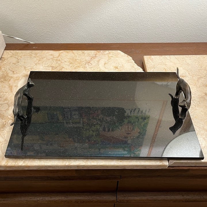 Michael Aram Black Marble Serving Tray Bronze Cat Handles 15x10 EUC Signed