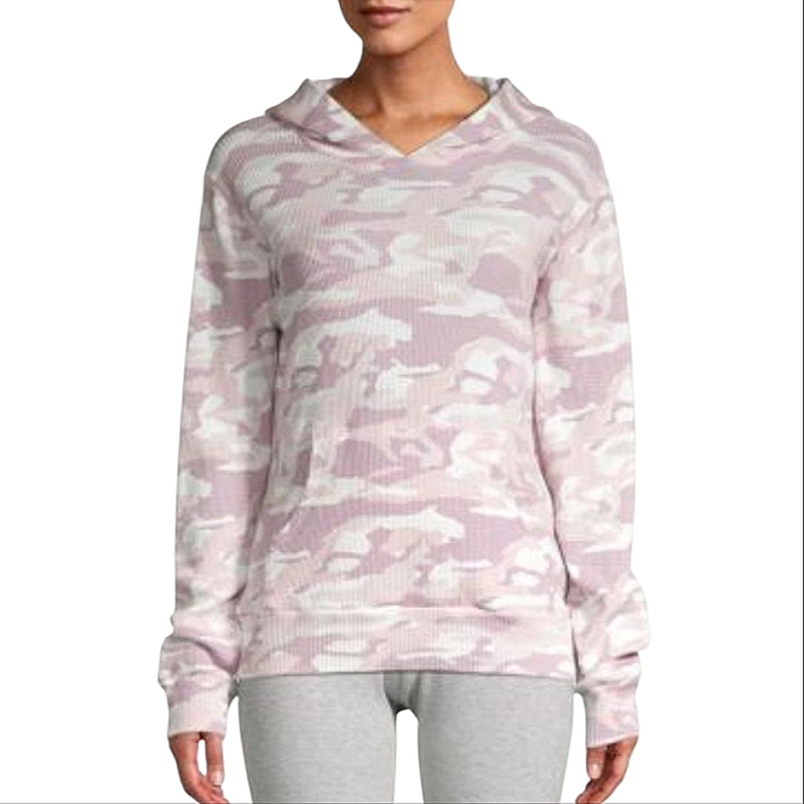 Monrow Camo-Print Cotton Wide Weave Waffle Thermal Kangaroo Pocket Hoodie Pink M