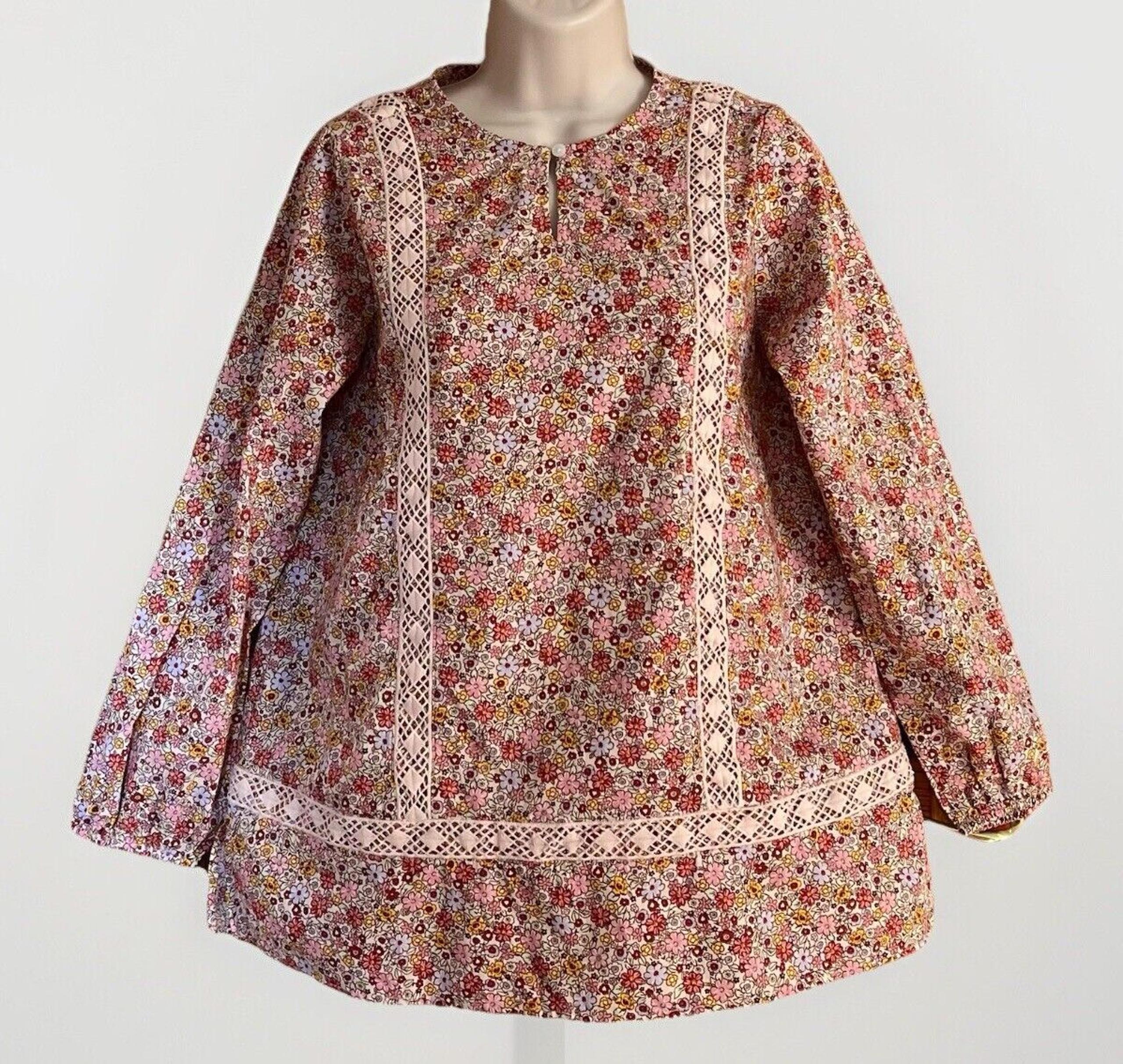 Lands End Floral Lace Trim Keyhole Shirt Womens M Pink Boho Peasant Cottage Y2K