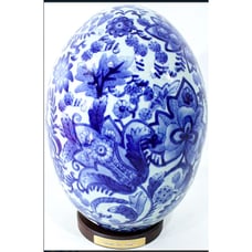 Vintage 10 Chinese Porcelain Blue & White Egg on Wooden Base Says How To Diet