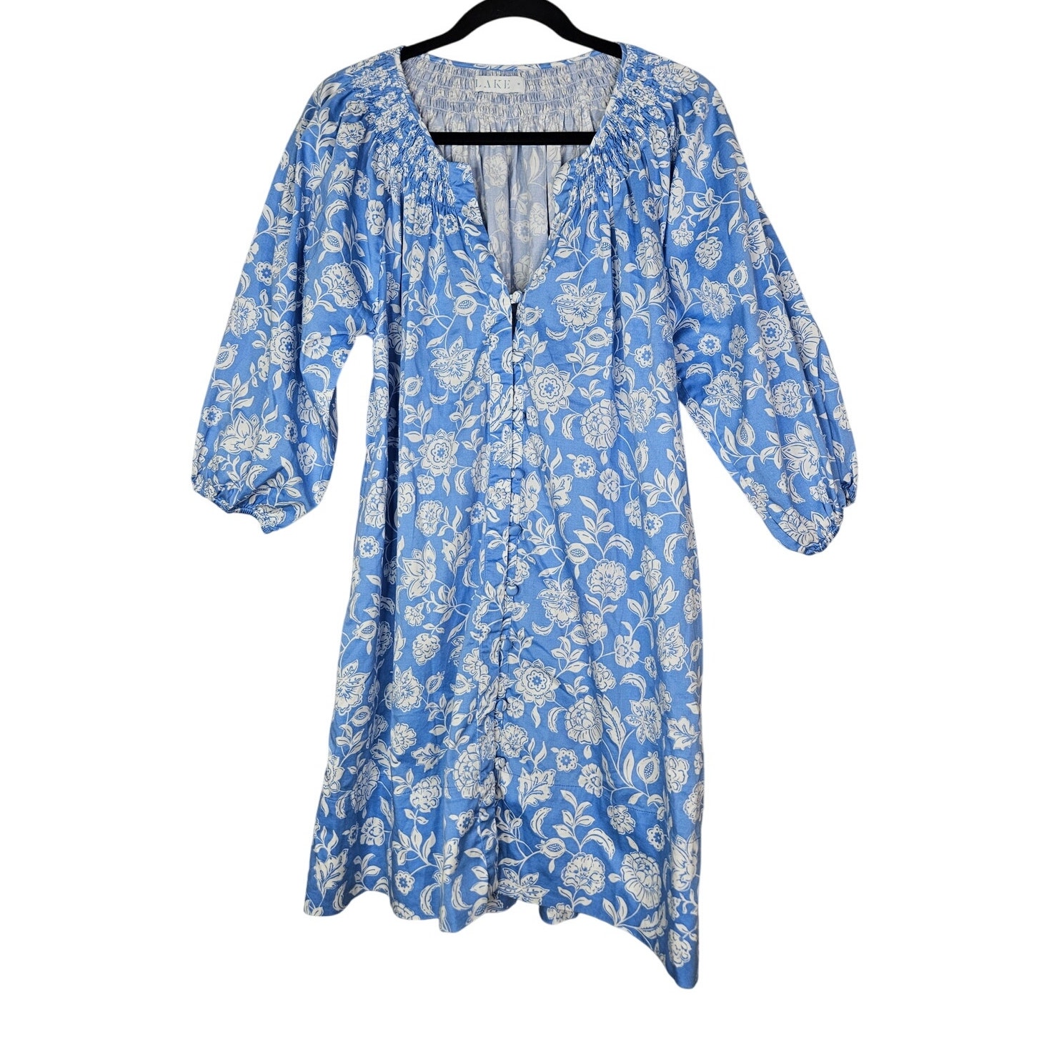 Lake M Blue Floral Hammock Shirt Dress Cotton Blend Cottage Pockets Preppy