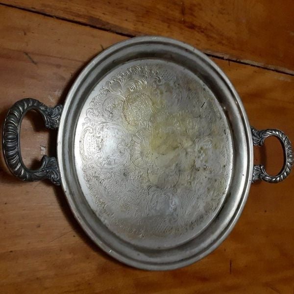 Vintage heavy silverplate serving tray 12 ornate handles shabby cottage