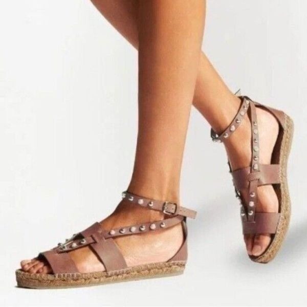 Jimmy Choo Denise Gladiator Strappy Stud Espadrille flat Cognac Sandals Sz 39.5