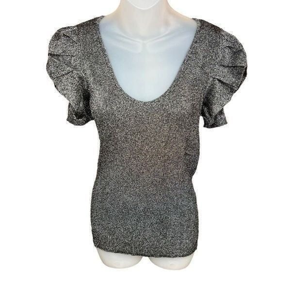 INC International Concepts Top Scoop Neck Black Silver Metallic Ruched Sleeves L
