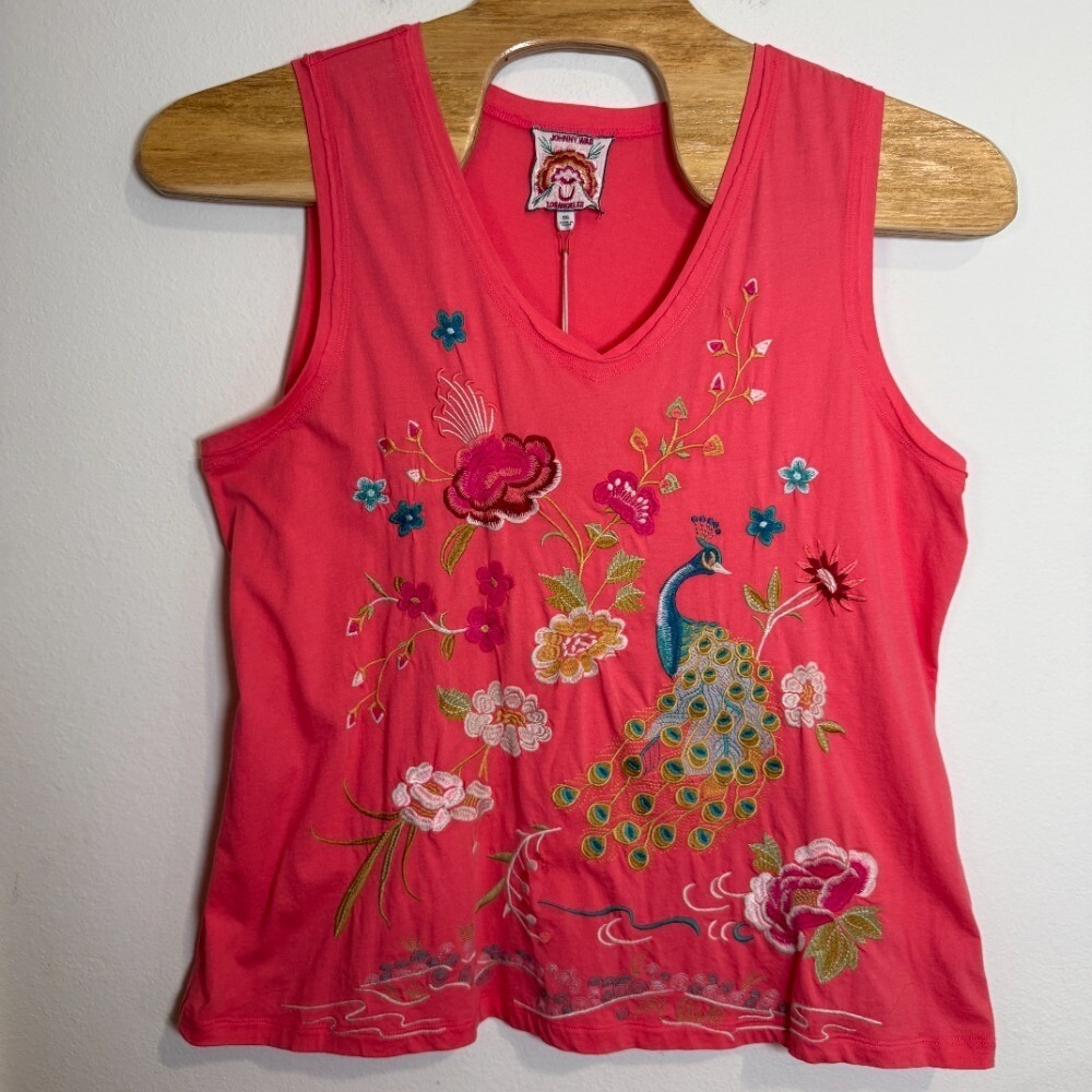 Johnny Was Embroidered Celina Tank Top Raw Edge V-Neck Peacock Floral Pink XXL