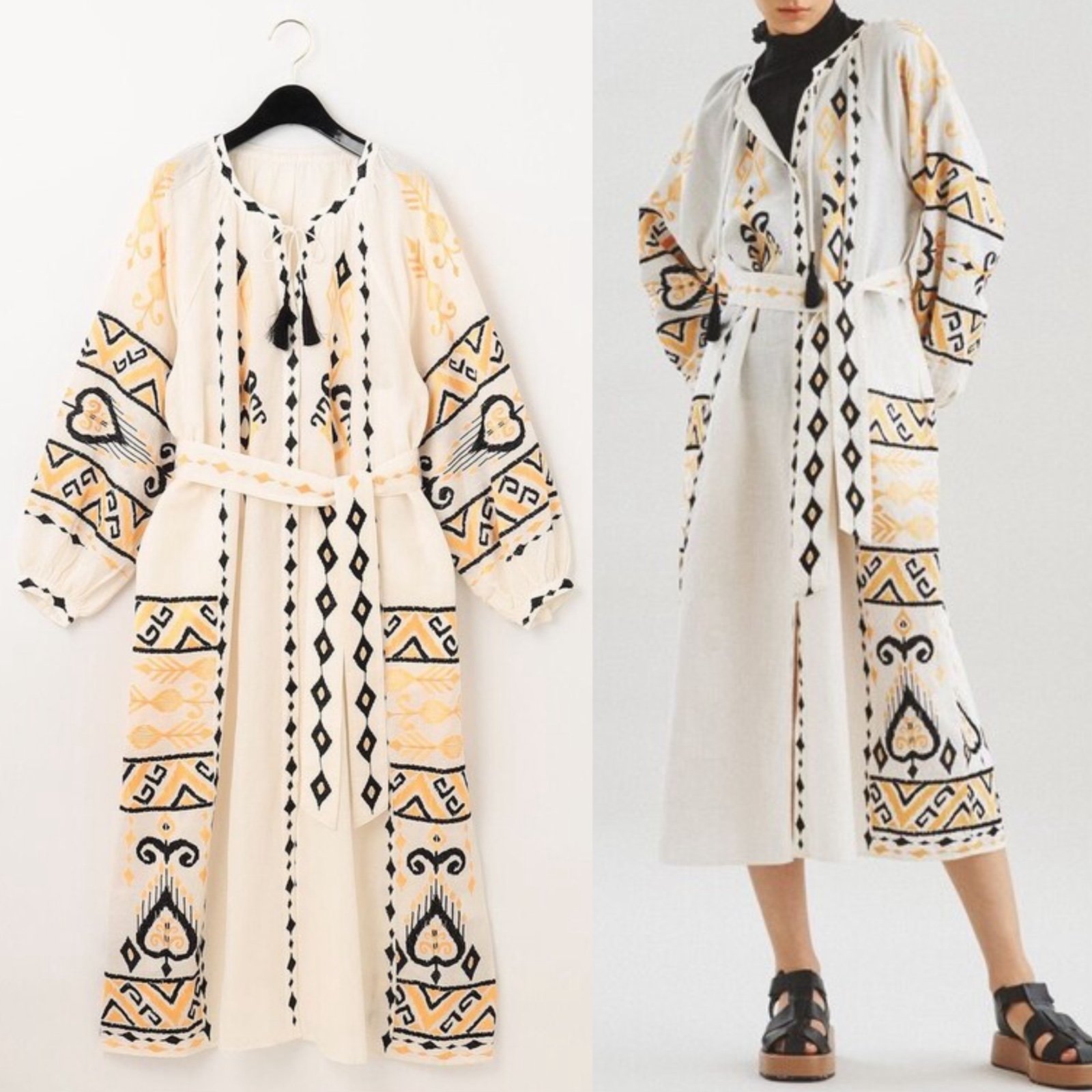 Grace Continental Cotton Linen Embroidered Kaftan Dress Size S